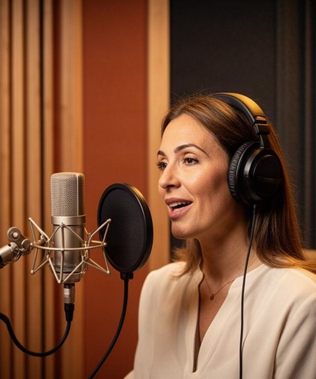 Narradora profesional grabando un audiolibro en una cabina acústica de un estudio de Valencia