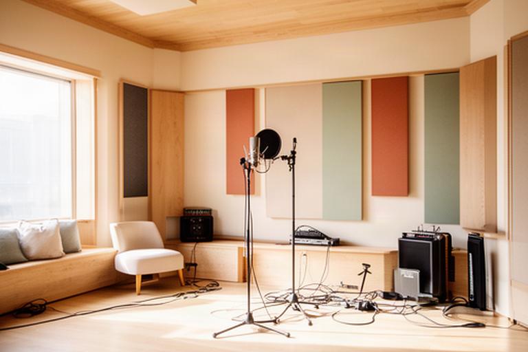 Sala de grabación luminosa con madera, luz natural y tratamiento acústico