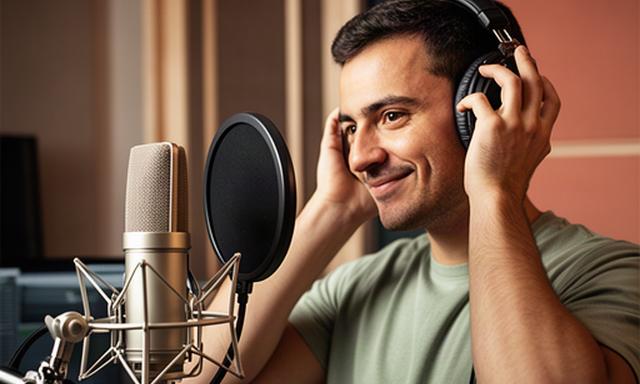 Técnico de doblaje colocando auriculares frente a un micrófono de estudio