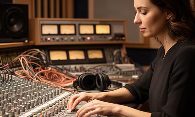 Ingeniera de sonido ajustando una consola analógica en la sala de control