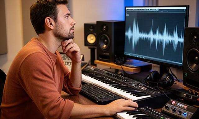 Productor musical escuchando una sesión junto a teclados y monitores de estudio