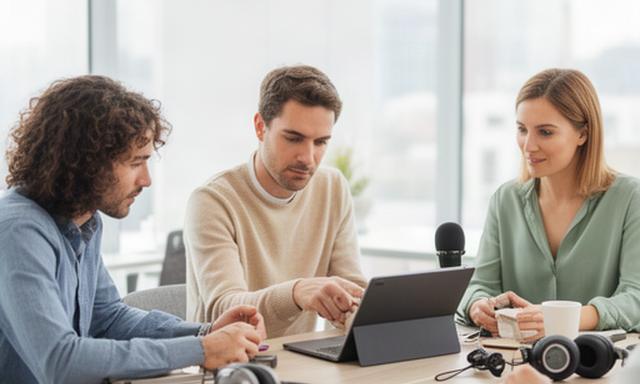 Equipo de formación revisando una producción de audio para un curso online en una oficina luminosa
