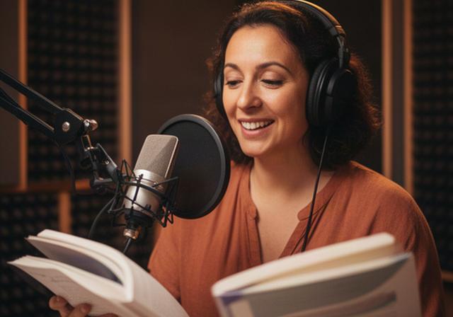 Narradora grabando un audiolibro educativo en una cabina con iluminación cálida