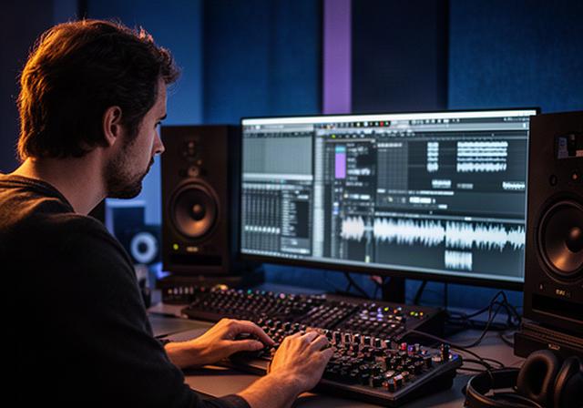 Editor de sonido trabajando en la postproducción de un cortometraje independiente