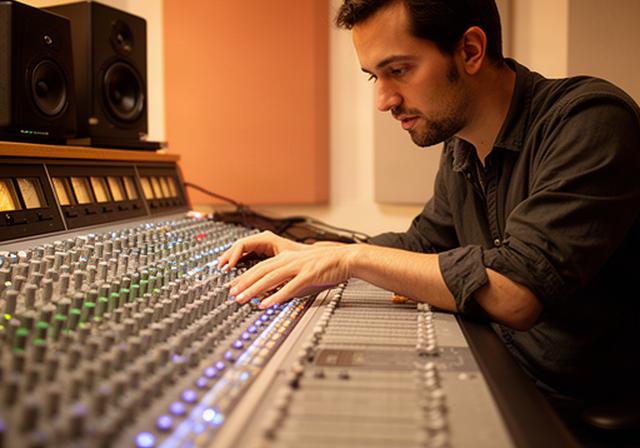 Técnica de sonido ajustando una consola durante una sesión de grabación en un estudio de Picanya