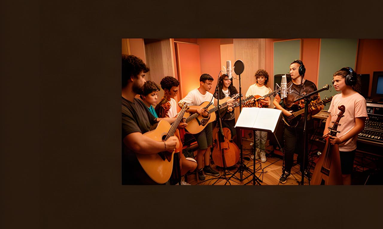Grupo de estudiantes con instrumentos grabando una audición en un estudio cálido de Picanya